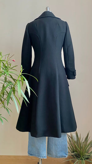 Vintage 1960s Black Crepe Wool Double Breasted Waisted Wasp Coat with Saddle Stitch XS