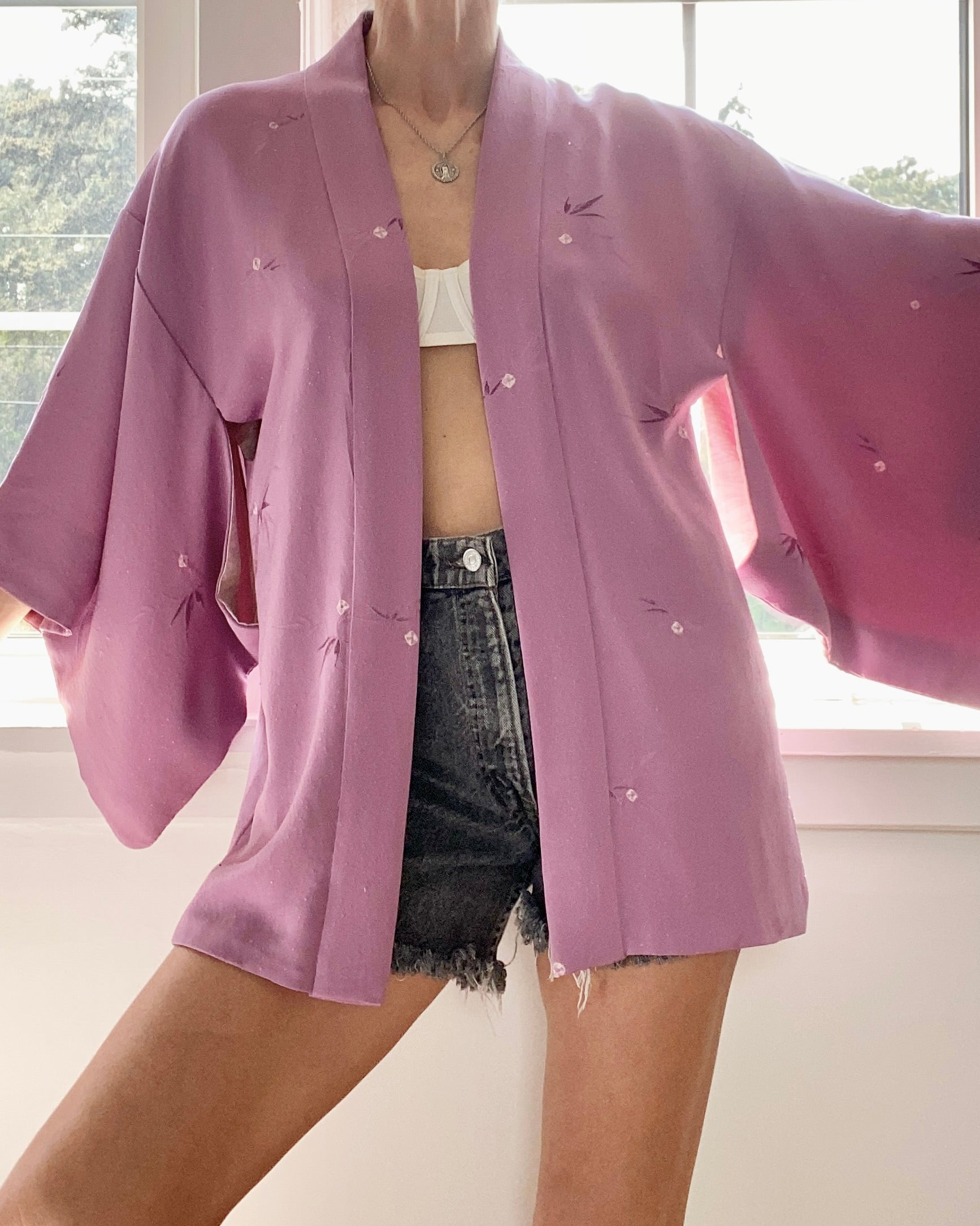 Vintage Silk Purple Damask Haori Kimono