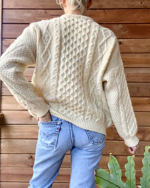 Vintage Handknit Cream Cable Fisherman Sweater Cardigan M