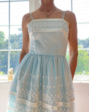 VINTAGE 1960s Baby Blue Lace and Eyelet Summer Fit and Flare Spaghetti Strap Dress M