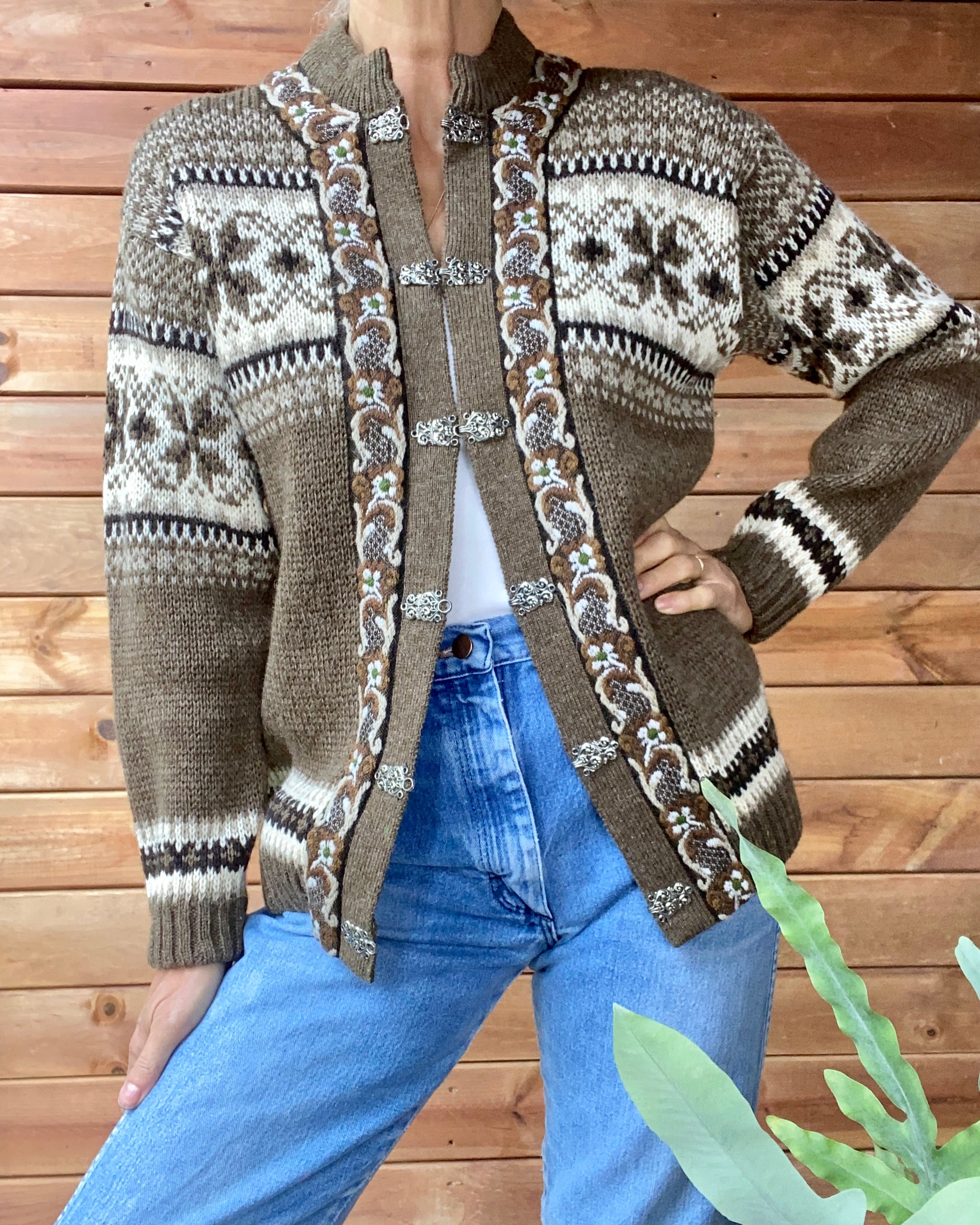 Vintage FJORD FASHION Ski Setesdal Fair Isle Norwegian Brown Sweater Cardigan M