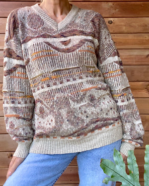 Vintage 1990s Grandpa Patterned Retro VNeck Sweater M L