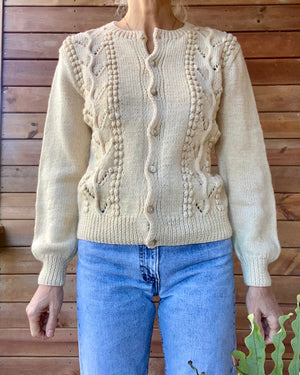 Vintage Handknit Cream Pointelle Cable Sweater Cardigan M