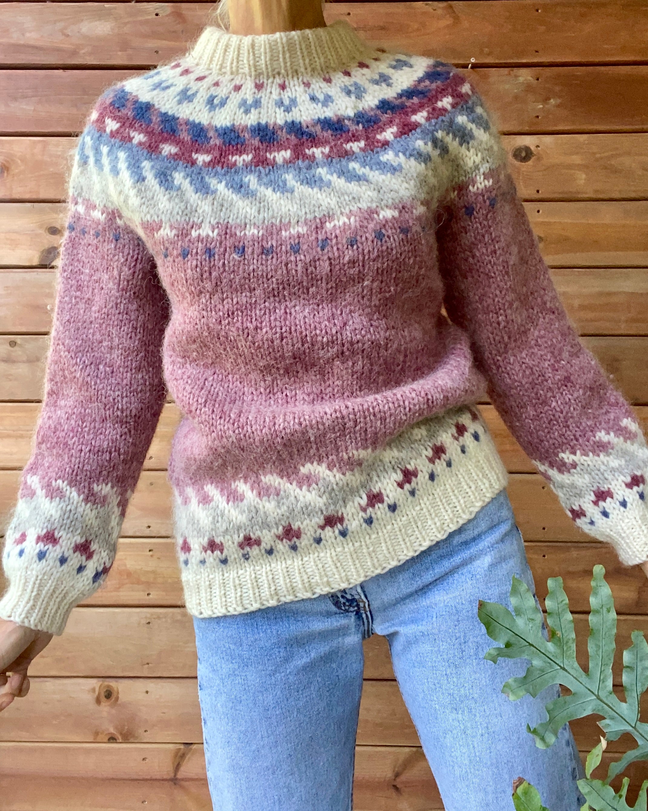 VINTAGE HILDA Ltd. for LLBEAN Icelandic Handknit Pink Fairisle Wool Sweater M L