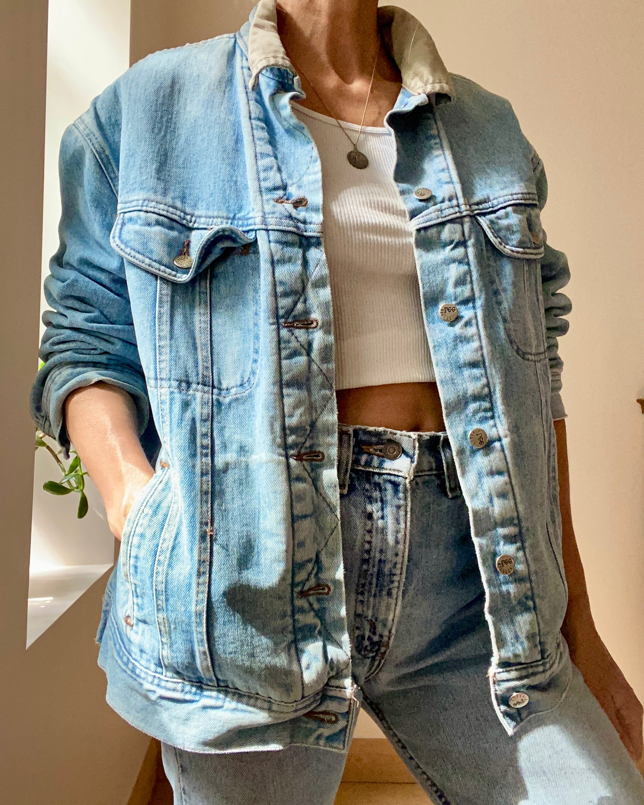 Vintage Lee Riveted Blanket Lined Jean Jacket Light Wash L XL
