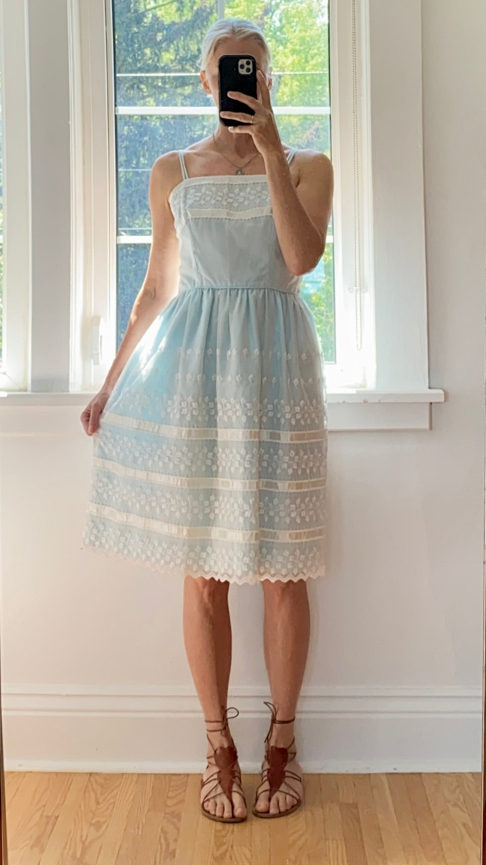 VINTAGE 1960s Baby Blue Lace and Eyelet Summer Fit and Flare Spaghetti Strap Dress M