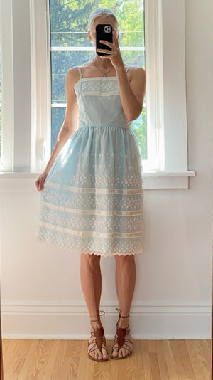 VINTAGE 1960s Baby Blue Lace and Eyelet Summer Fit and Flare Spaghetti Strap Dress M