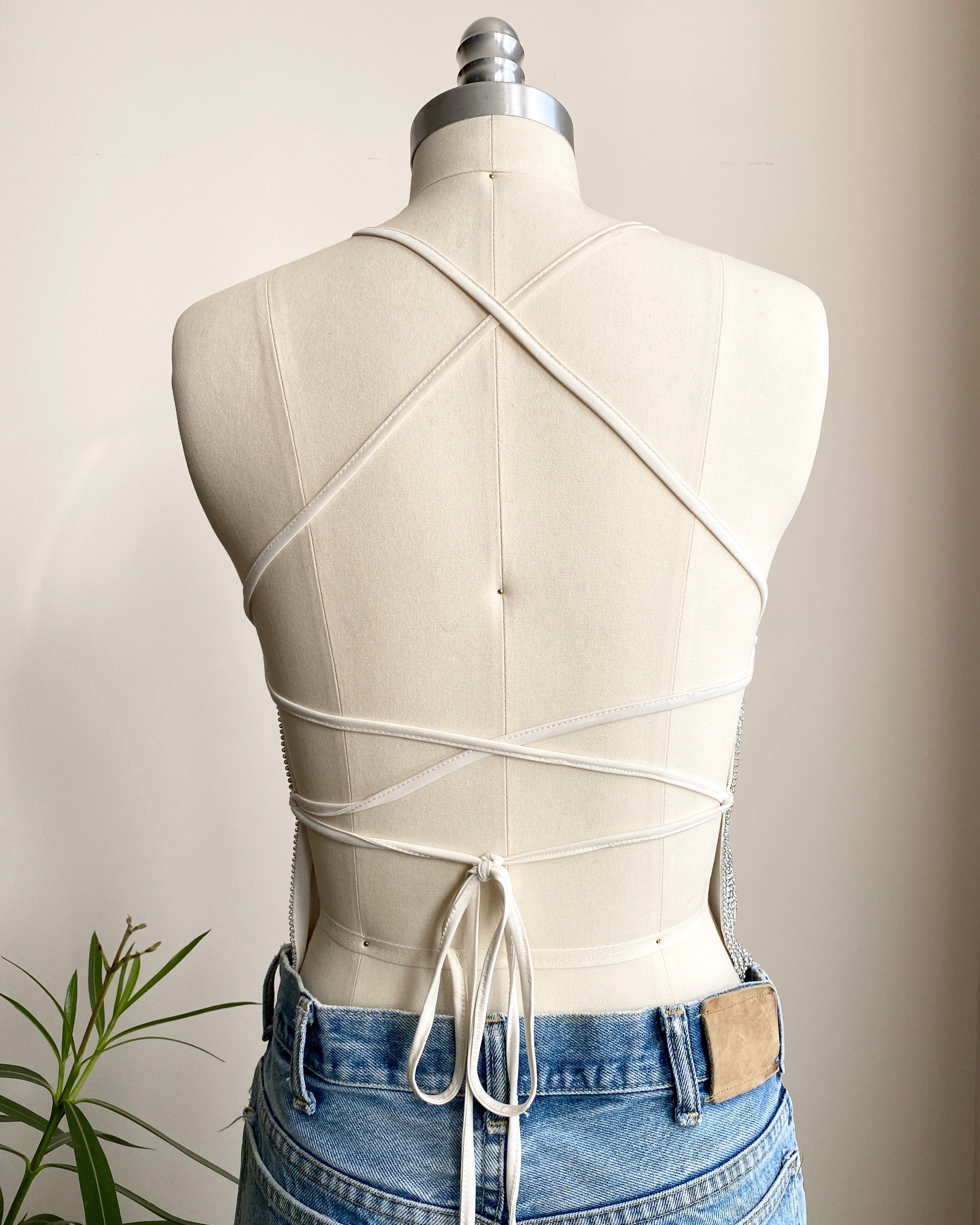 Vintage 1990s Rhinestone Chain Mail / Metal Mesh / Metal Net Cowl Neck Spaghetti Strap Top SM 4 6