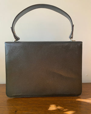 Vintage 1950s 1960s CORTINI Deadstock Black Textured Leather Handbag and Silver Hardware Birkin Style Mint Condition