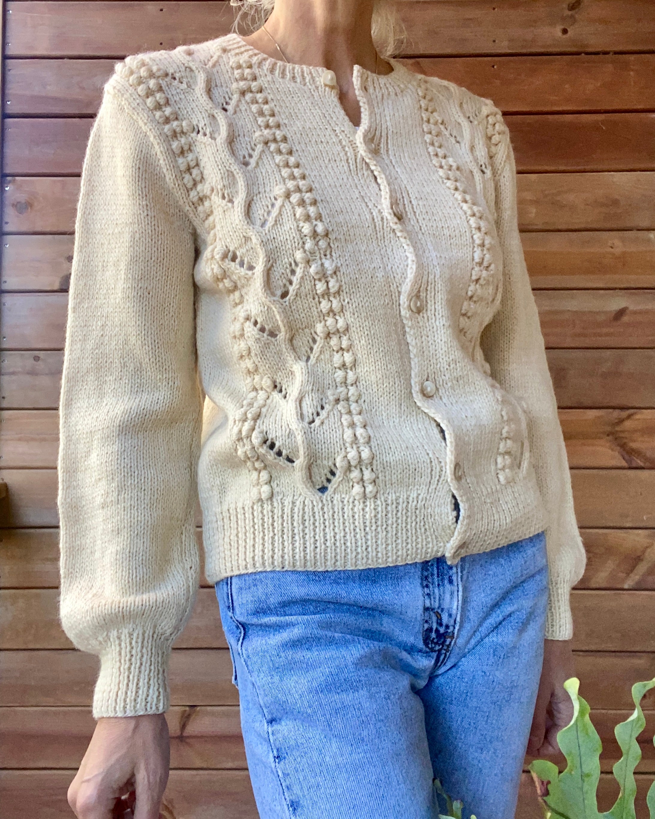 Vintage Handknit Cream Pointelle Cable Sweater Cardigan M