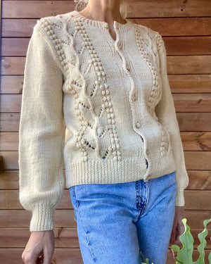 Vintage Handknit Cream Pointelle Cable Sweater Cardigan M