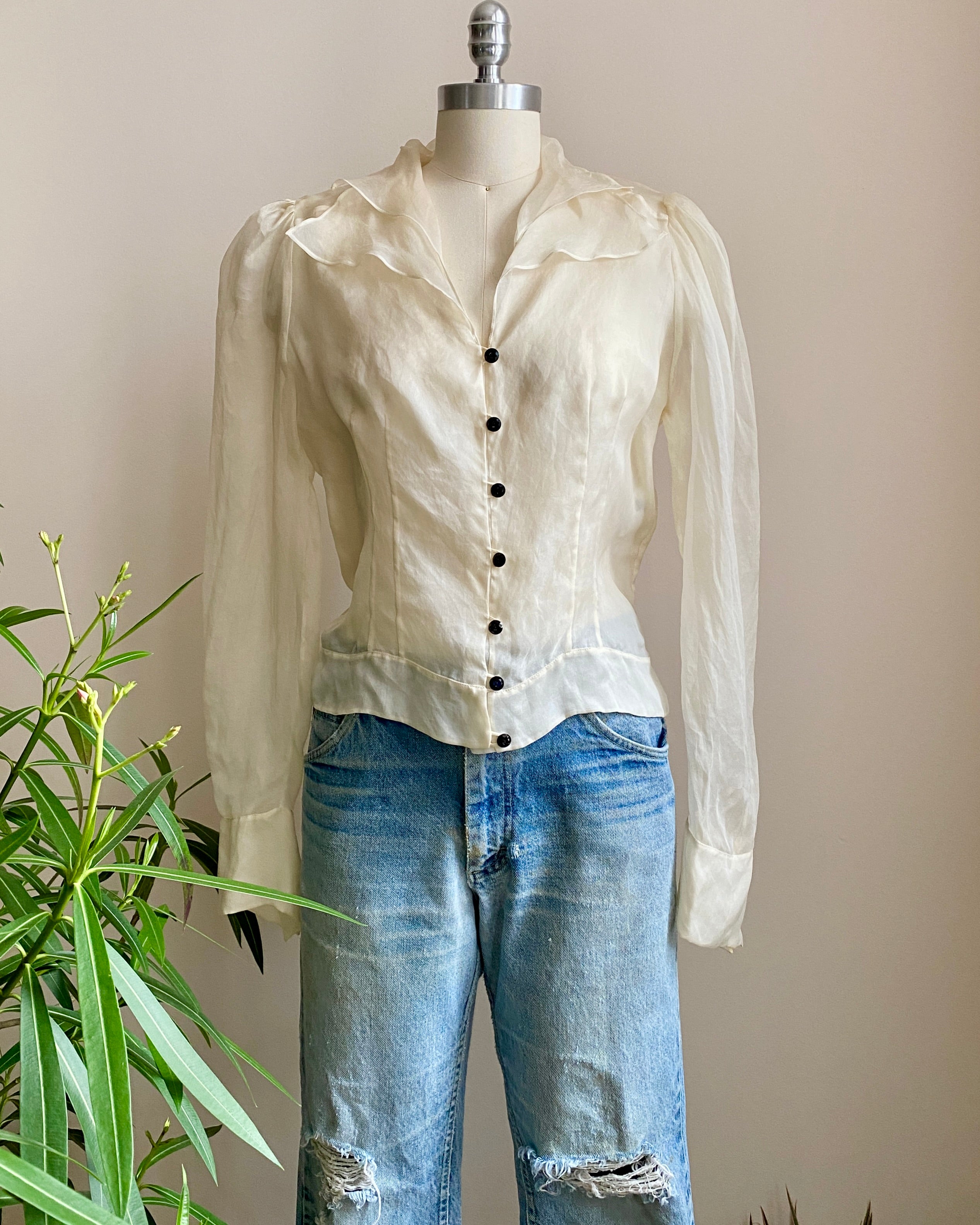 Vintage 1990s MISS TORRENTE Sheer Ivory 100% Silk Organza Blouse With gathered Sleeves 40 M