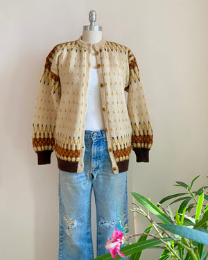 VINTAGE 1950s 1960s Hand Knit  Fair Isle Wool Tan and Brown Cardigan S or M