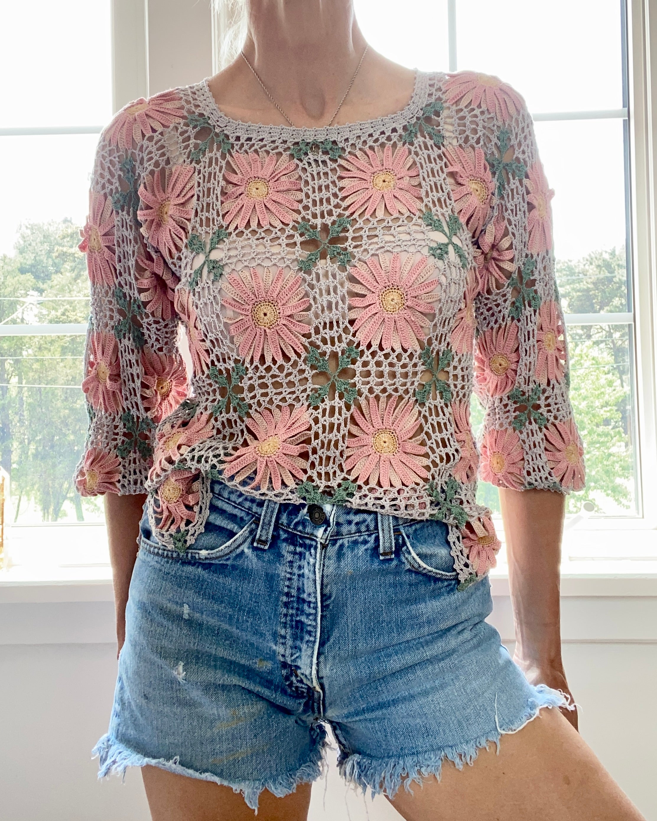 VINTAGE Pima Cotton Crochet Floral Patchwork Top