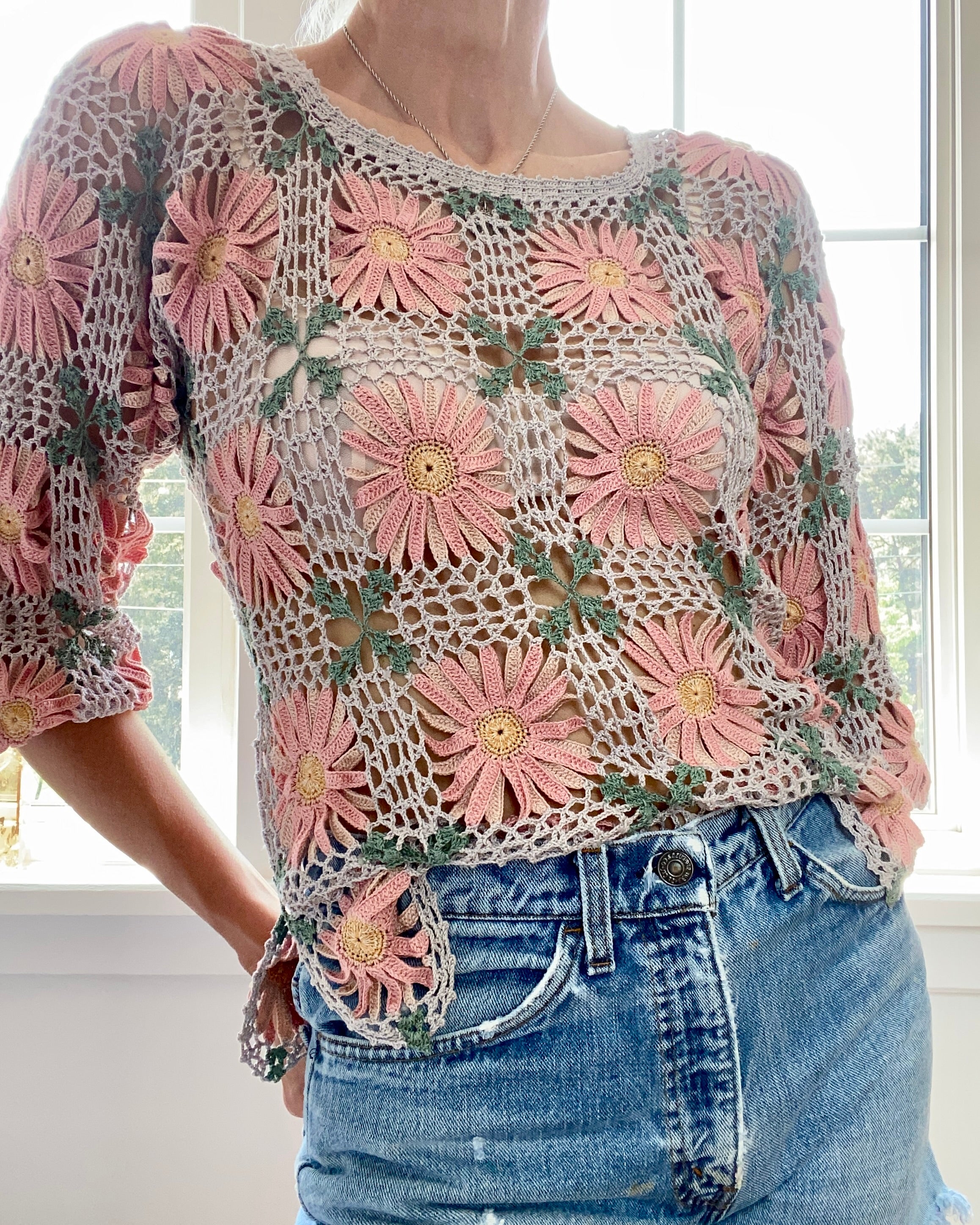 VINTAGE Pima Cotton Crochet Floral Patchwork Top