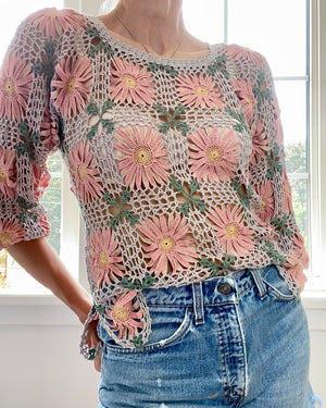 VINTAGE Pima Cotton Crochet Floral Patchwork Top