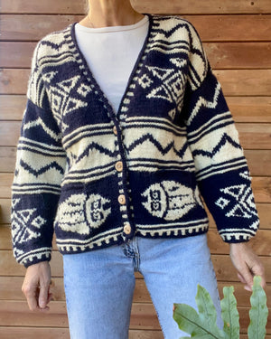 Vintage Hand Knit Navy and Cream Nautical Patterned Wool Cardigan