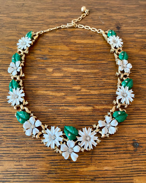 Vintage 1950s Crown TRIFARI White & Green Enamel and Rhinestone Gold Tone 3D Floral “Tremblers “ Bridal Parure