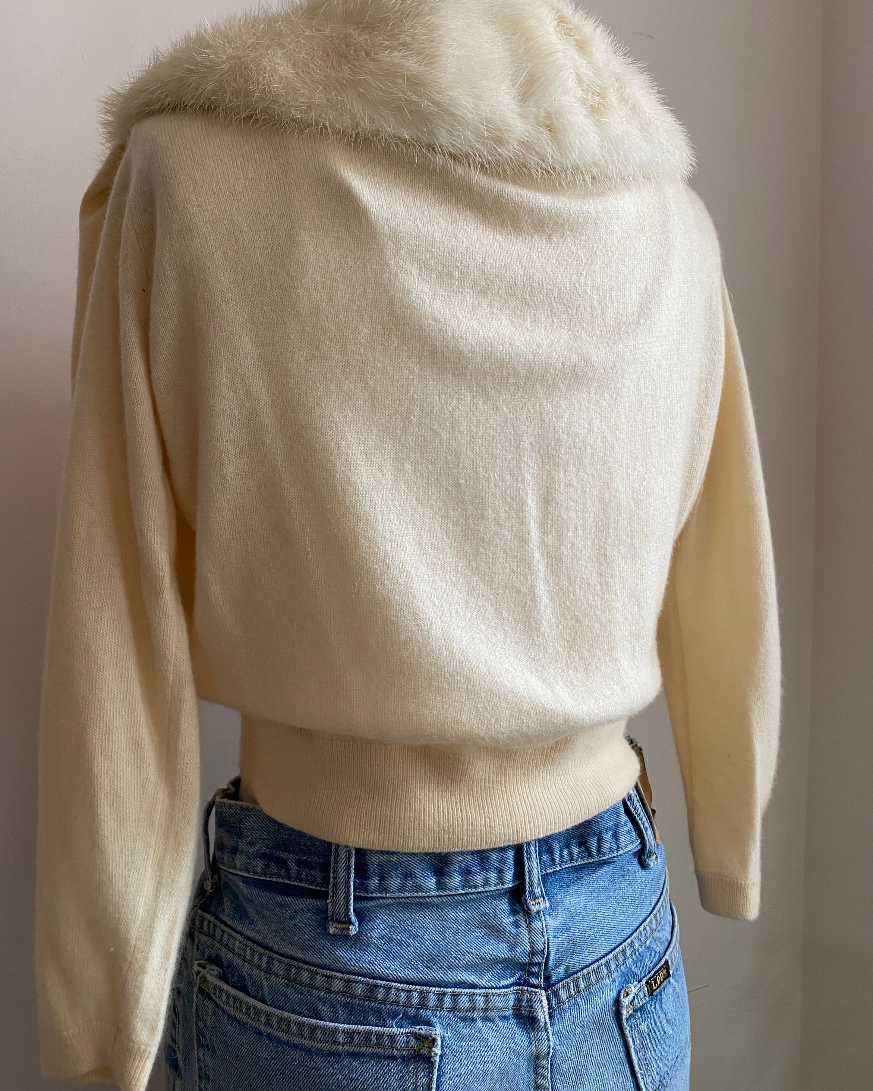 Vintage 1950s BALLANTYNE for Holt Renfrew 100% Cream Cashmere Cardigan With Matching Mink Shawl Collar Made in Scotland S or SM 4 or 6