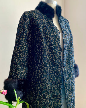 Vintage 1960s Black and Gold Floral Brocade Evening Coat with Mink Fur Trim New Condition S