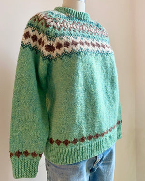 Vintage Hand Knit in New Brunswick COTTAGE CRAFT Tweeds & Yarns Fair Isle Pistachio Wool Sweater S M