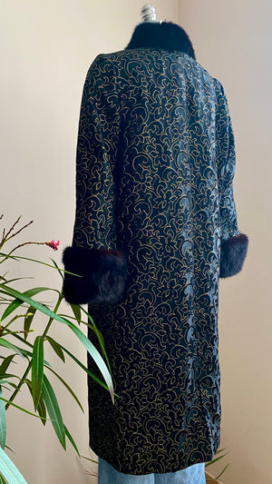 Vintage 1960s Black and Gold Floral Brocade Evening Coat with Mink Fur Trim New Condition S