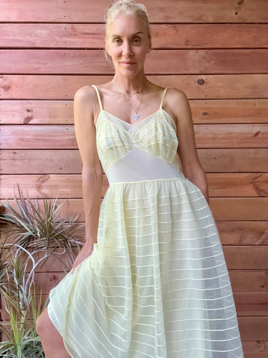 Vinatge 1950s Saks Fifth Avenue Yellow Stripe Chiffon Nightgown Slip Dress