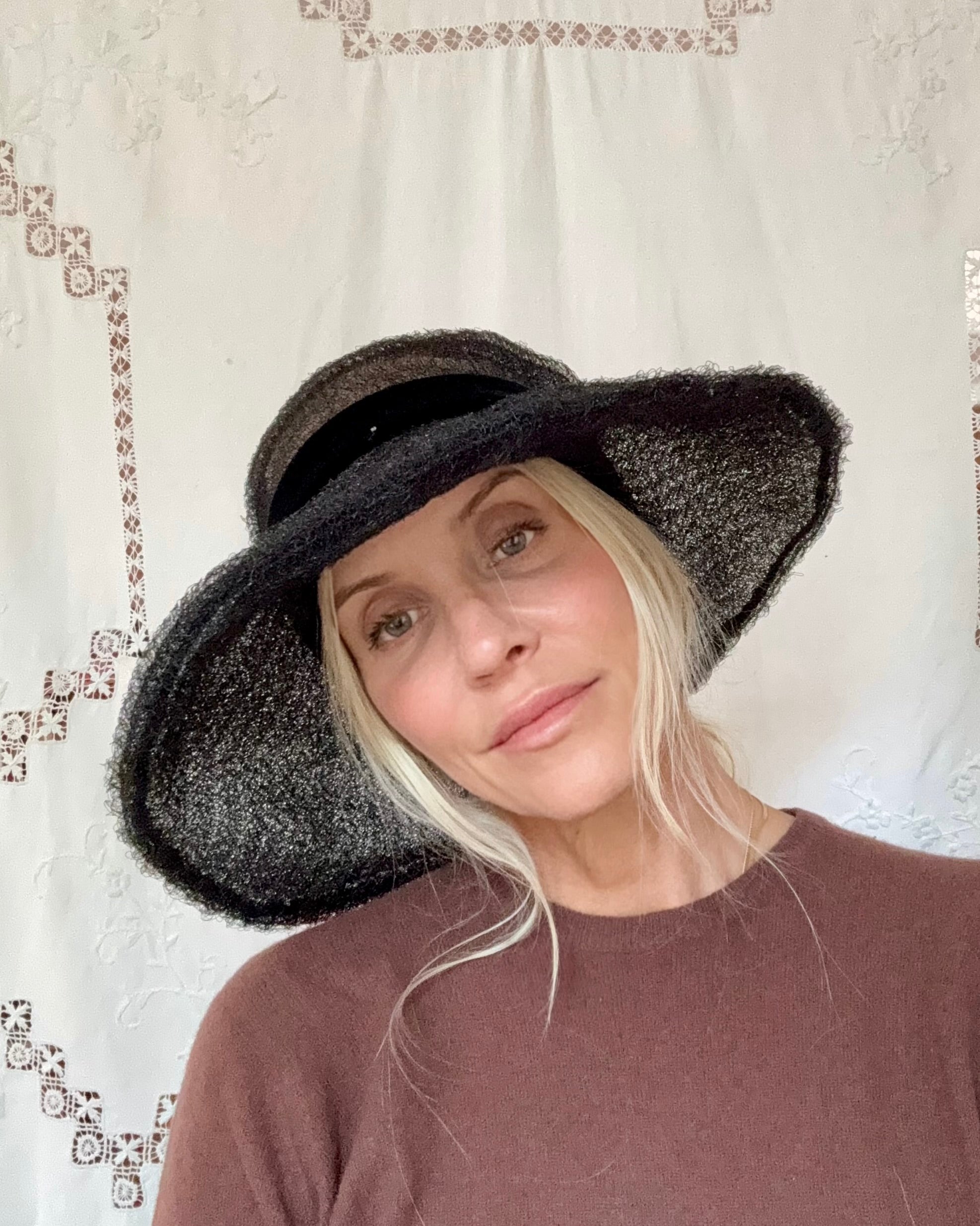 Vintage Irene Handmade Black Synthetic Horsehair Wide Brim Hat 1960s