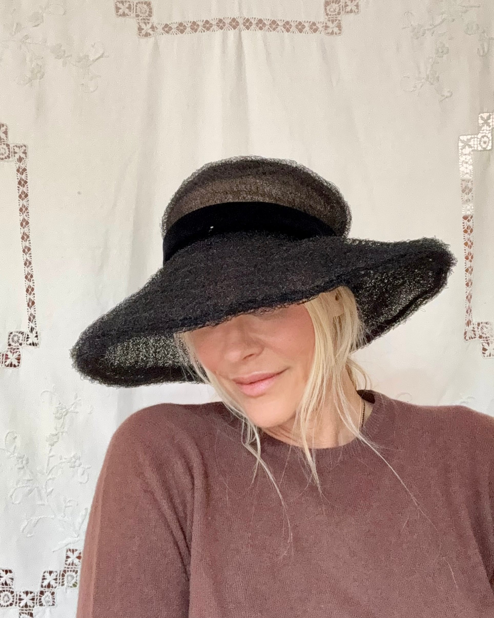 Vintage Irene Handmade Black Synthetic Horsehair Wide Brim Hat 1960s