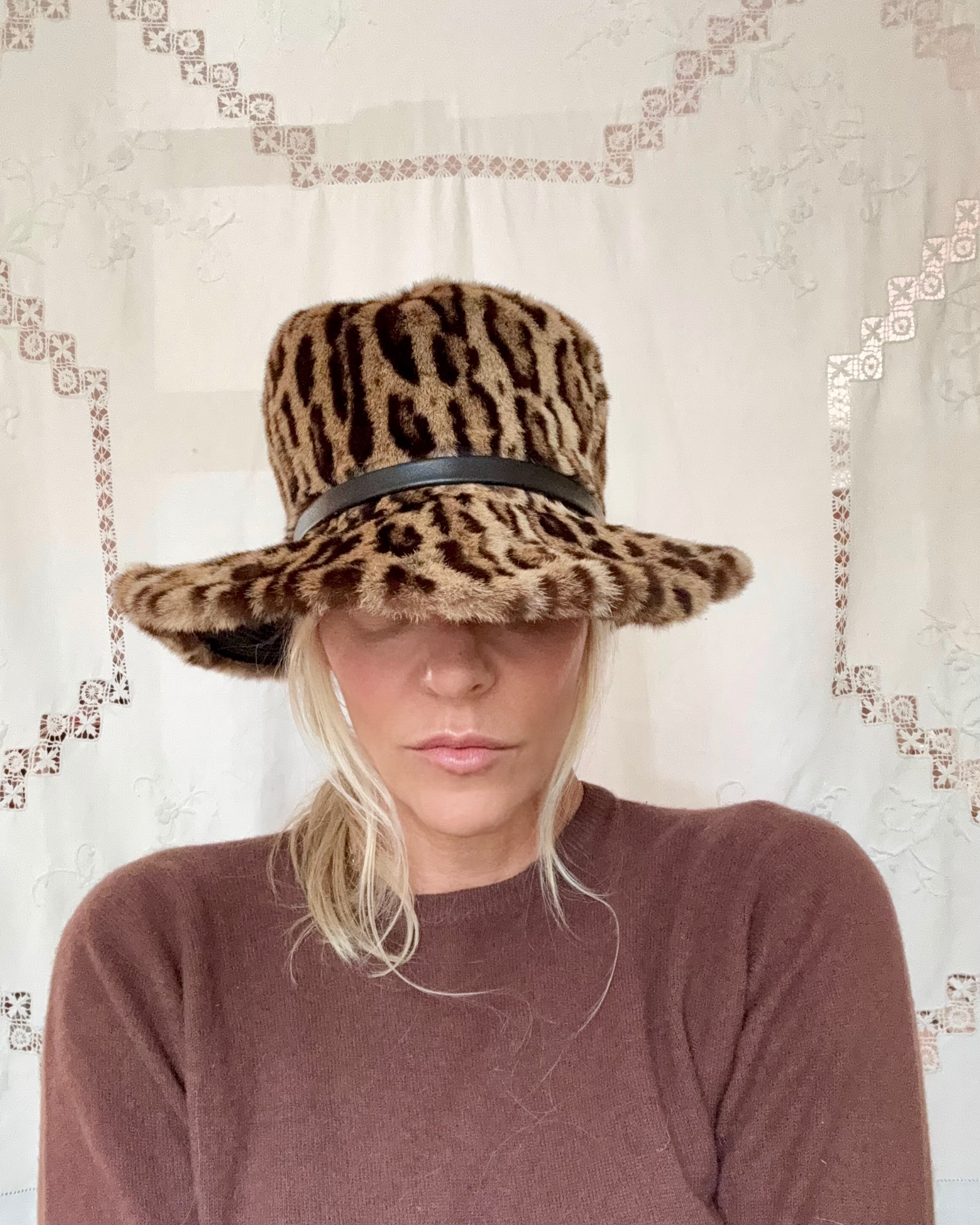 Vintage 1960s Handmade Poppers of Montreal Ocelot Real Fur With Wide Brim Bucket Hat