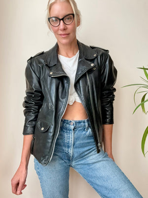 Vintage 1980s Black SCHOTT PERFECTO 115 Biker Motorcycle Heavy Weight Leather Jacket with Lace Ups and Logo Snaps 44 Made in USA