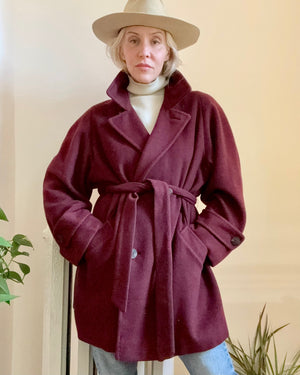 Vintage 1990s 100% Pure Cashmere Burgundy Trench Peacoat Style Coat with Tie Belt Size L