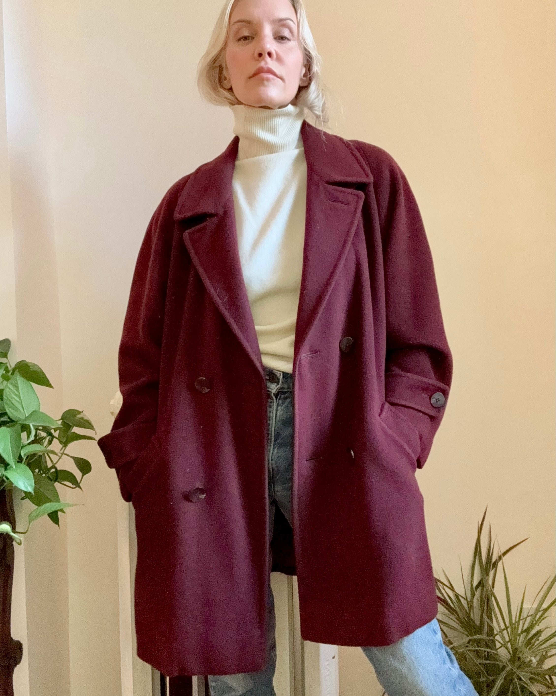 Vintage 1990s 100% Pure Cashmere Burgundy Trench Peacoat Style Coat with Tie Belt Size L