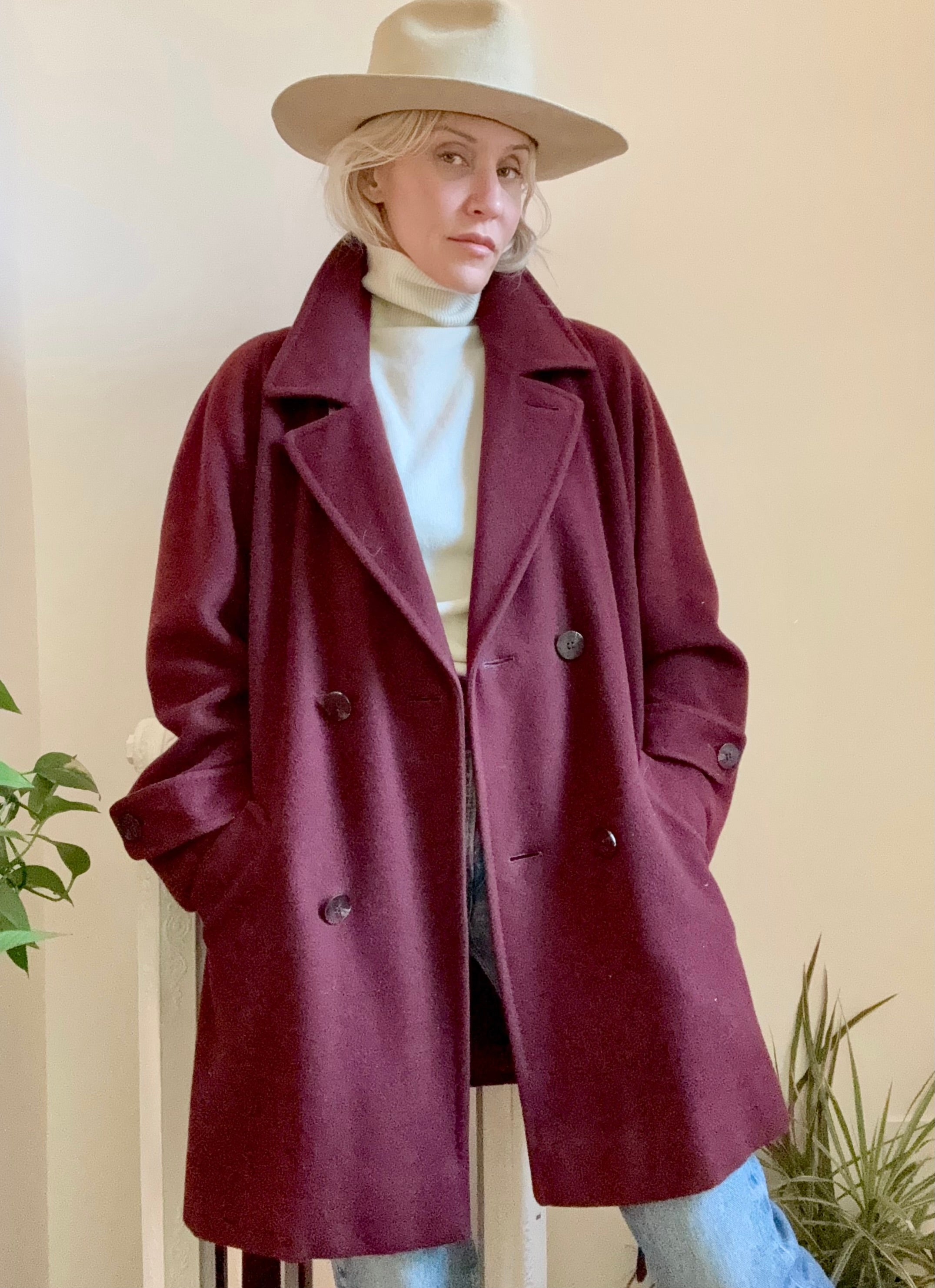 Vintage 1990s 100% Pure Cashmere Burgundy Trench Peacoat Style Coat with Tie Belt Size L