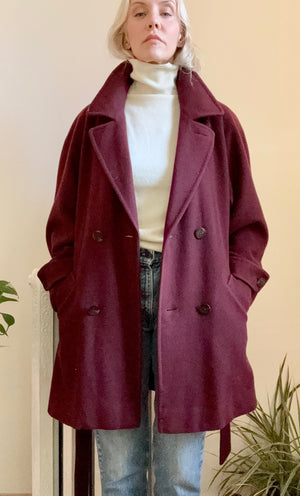 Vintage 1990s 100% Pure Cashmere Burgundy Trench Peacoat Style Coat with Tie Belt Size L
