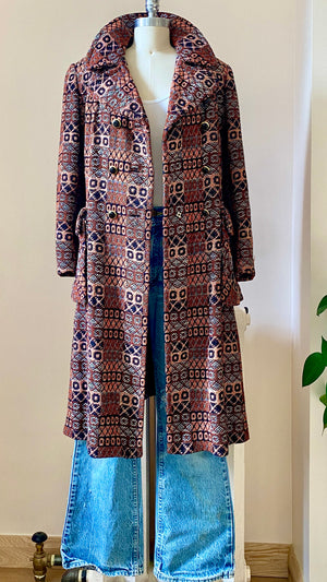 Vintage 1960s Wool Tapestry Double Breasted with Geometric Pattern Coat