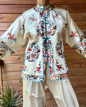 Vintage 1950s Deadstock Chinese Botanical Embroidered Ivory Silk Satin Pyjama Jacket and Pant Set S or M