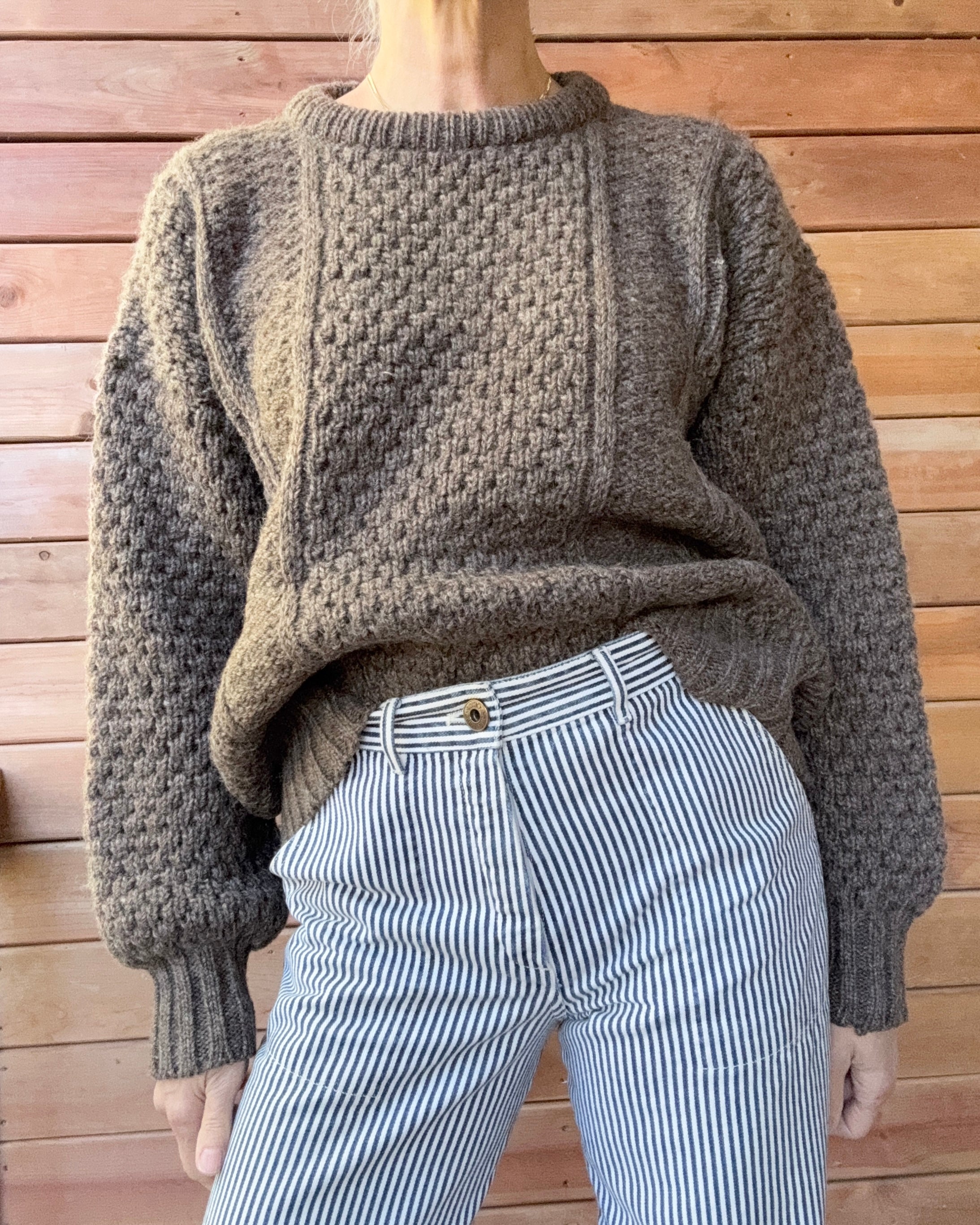 Vintage Donegal Cable Aran Fisherman Hand Knit Brown Marled / Melange Sweater Made in Ireland