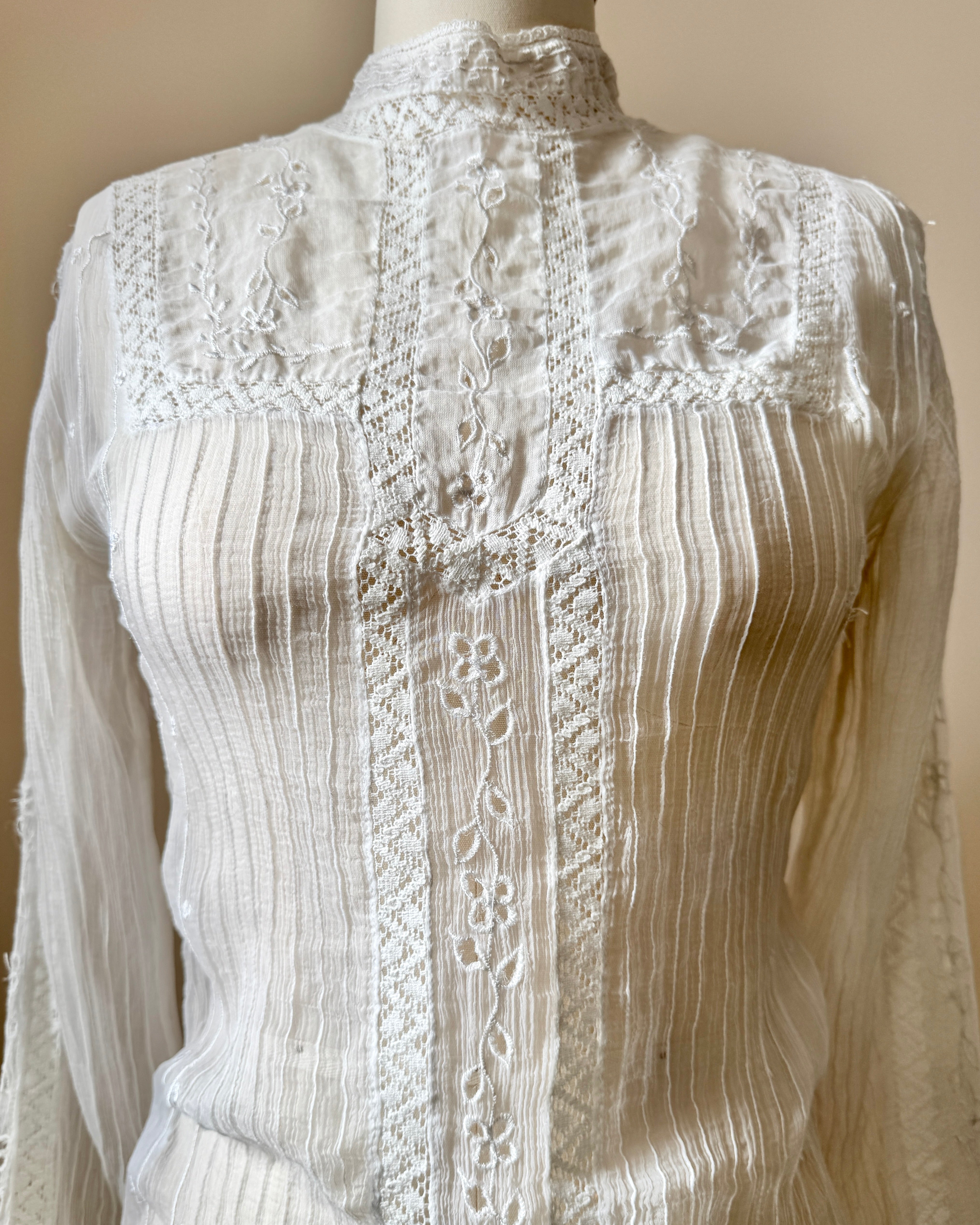 Vintage 2000s Victorian Style White Chiffon Pintuck lace and Embroidered Blouse with high Collar S M