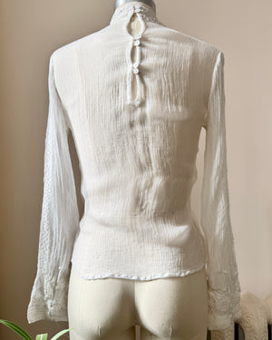 Vintage 2000s Victorian Style White Chiffon Pintuck lace and Embroidered Blouse with high Collar S M