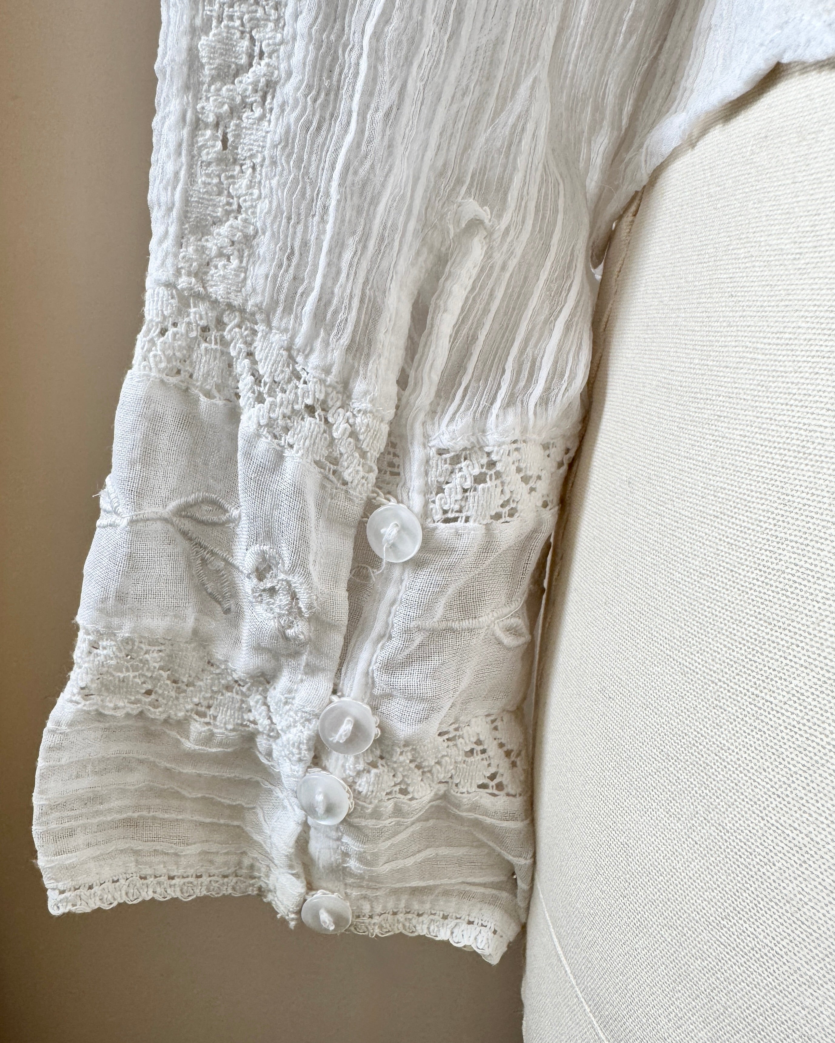 Vintage 2000s Victorian Style White Chiffon Pintuck lace and Embroidered Blouse with high Collar S M
