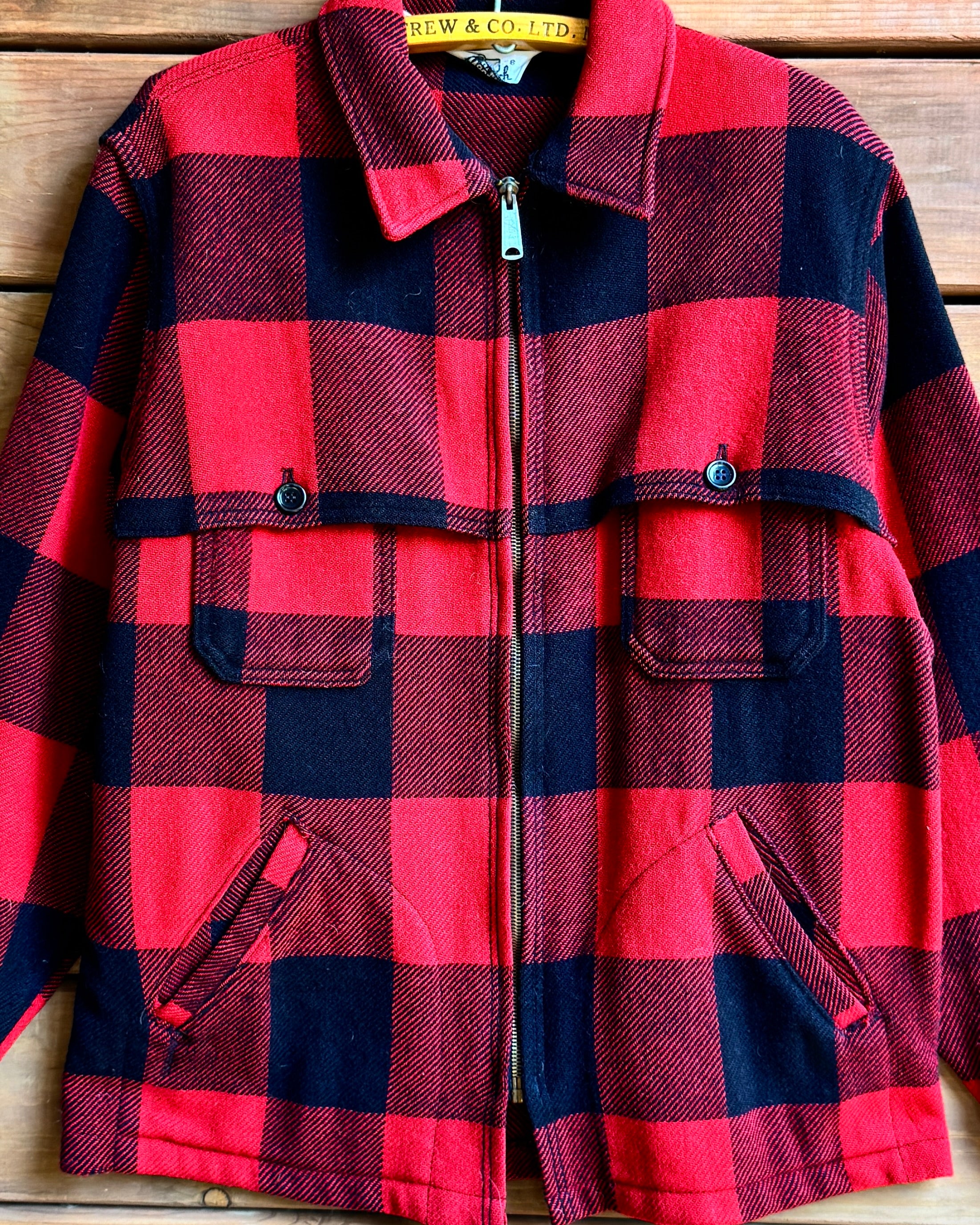 Vintage 1960s Woolrich Wool Buffalo Plaid Hunting Ideal Zipper Flap Jacket Made in USA Size L