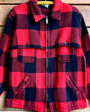 Vintage 1960s Woolrich Wool Buffalo Plaid Hunting Ideal Zipper Flap Jacket Made in USA Size L