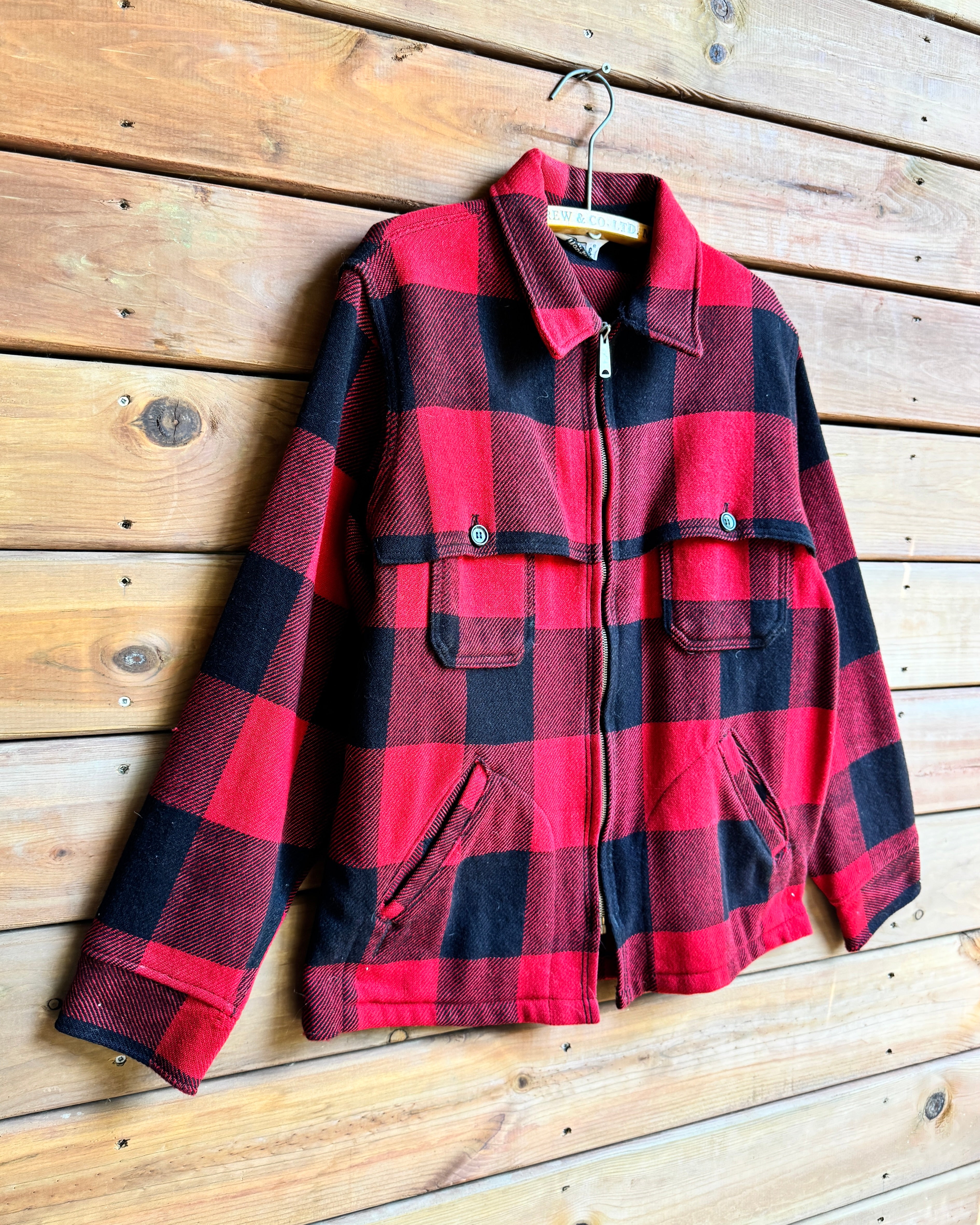 Vintage 1960s Woolrich Wool Buffalo Plaid Hunting Ideal Zipper Flap Jacket Made in USA Size L