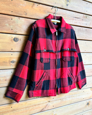 Vintage 1960s Woolrich Wool Buffalo Plaid Hunting Ideal Zipper Flap Jacket Made in USA Size L