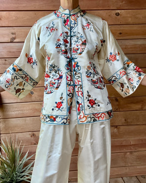 Vintage 1950s Deadstock Chinese Botanical Embroidered Ivory Silk Satin Pyjama Jacket and Pant Set S or M
