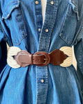 Vintage 1990s Cotton Rope Cinch Belt with Brown leather and Tan Canvas Elastic Made in France M or L