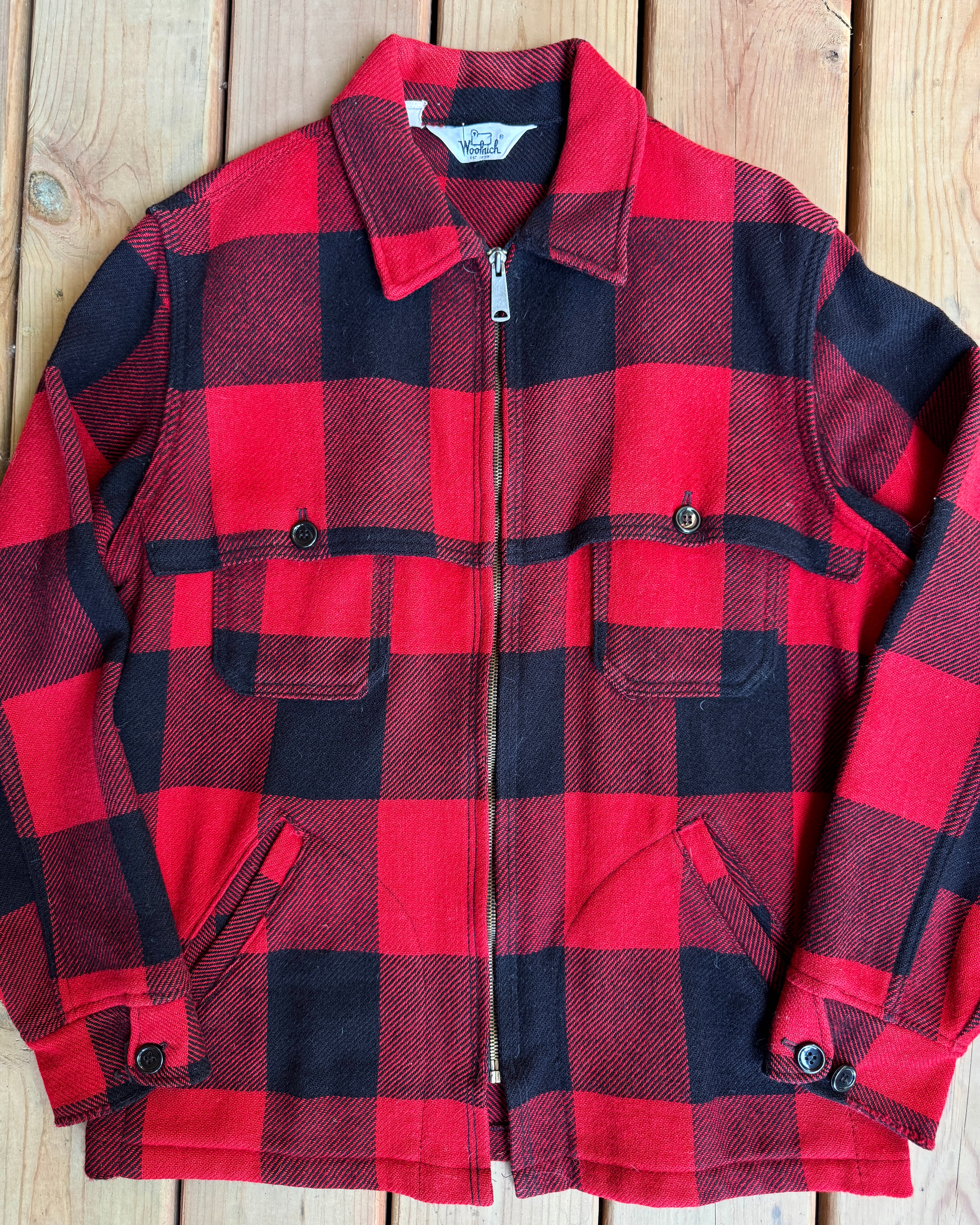 Vintage 1960s Woolrich Wool Buffalo Plaid Hunting Ideal Zipper Flap Jacket Made in USA Size L