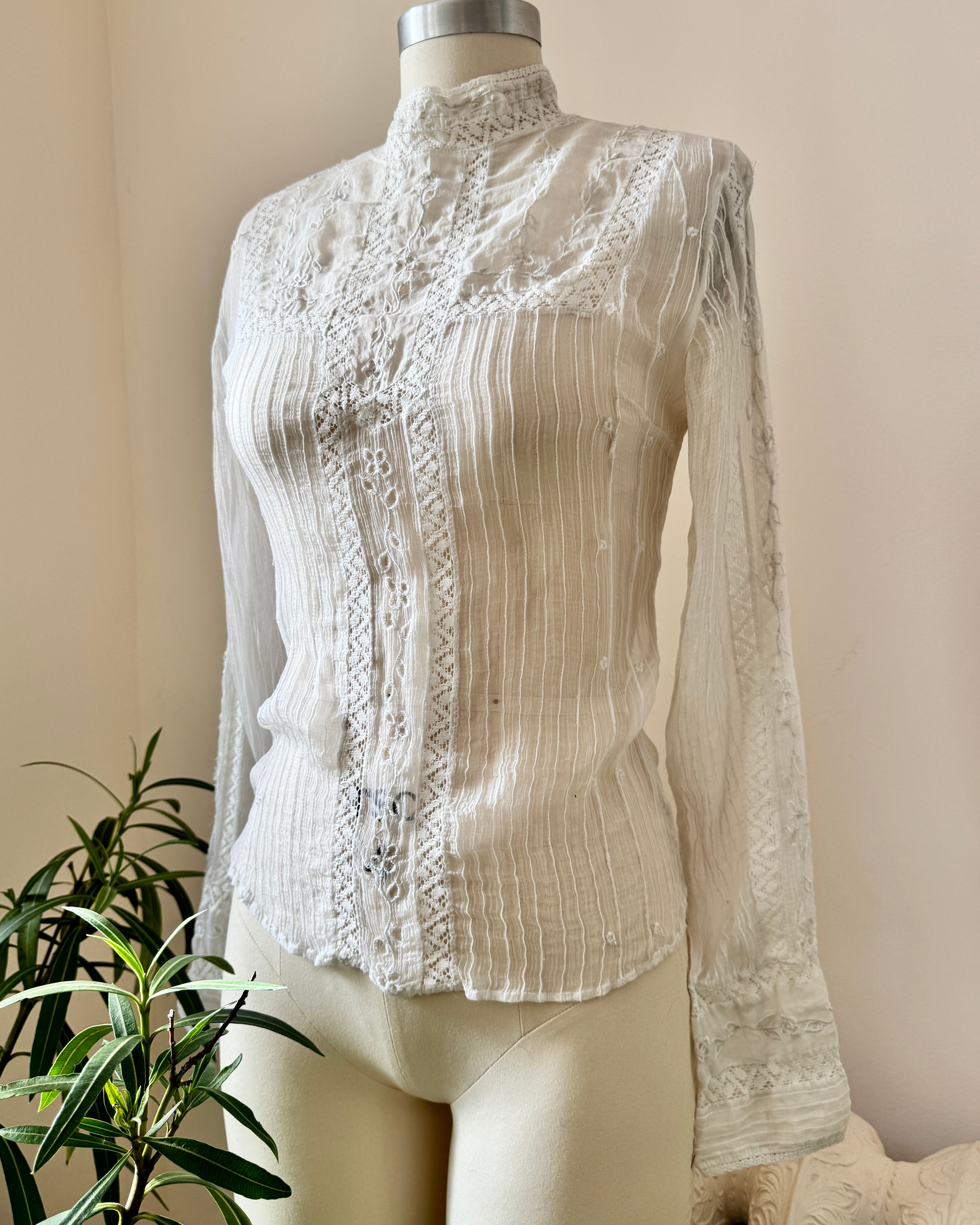 Vintage 2000s Victorian Style White Chiffon Pintuck lace and Embroidered Blouse with high Collar S M