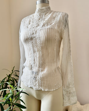 Vintage 2000s Victorian Style White Chiffon Pintuck lace and Embroidered Blouse with high Collar S M